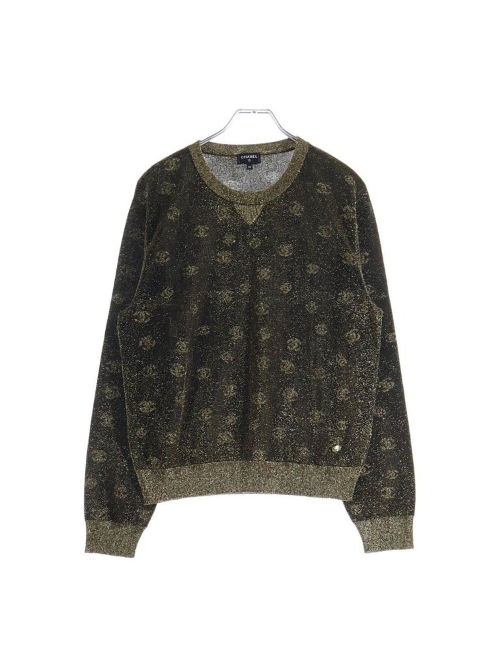Chanel Gold Metallic Knit Metallicknit Sweater CC Logo All Over Print
